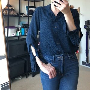 Navy cheetah print silk blouse